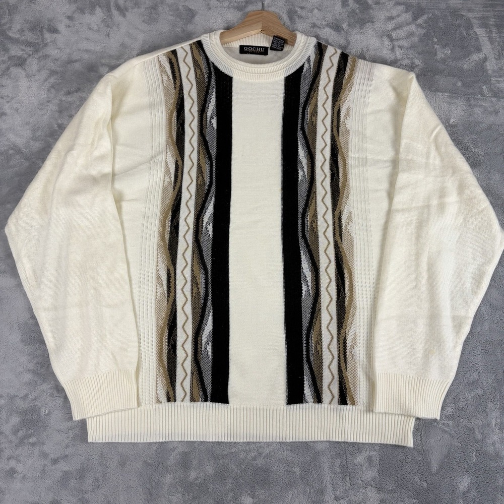 VTG Gochu Coogi 3D Style Mens 2XL Crewneck Sweater Cream Black Acrylic